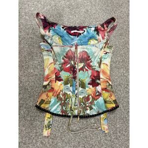 Roberto Cavalli S/S 2003 Bustier Corset Floral Abstract Print Denim Silk Top